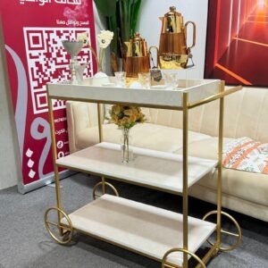 ترولي تقديم فاخر بثلاث رفوف – تصميم ذهبي أنيق 90×90×40 سم